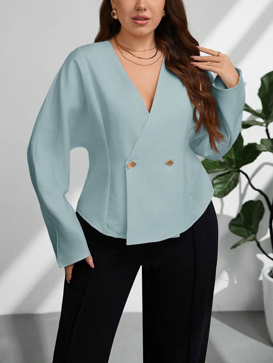 Firerie Camicia bianca elegante e basic, con maniche lunghe e decorazioni con fibbia in metallo, stile casual da ufficio, adatta per primavera/autunno, per taglie forti - Blu - Visualizzare 1
