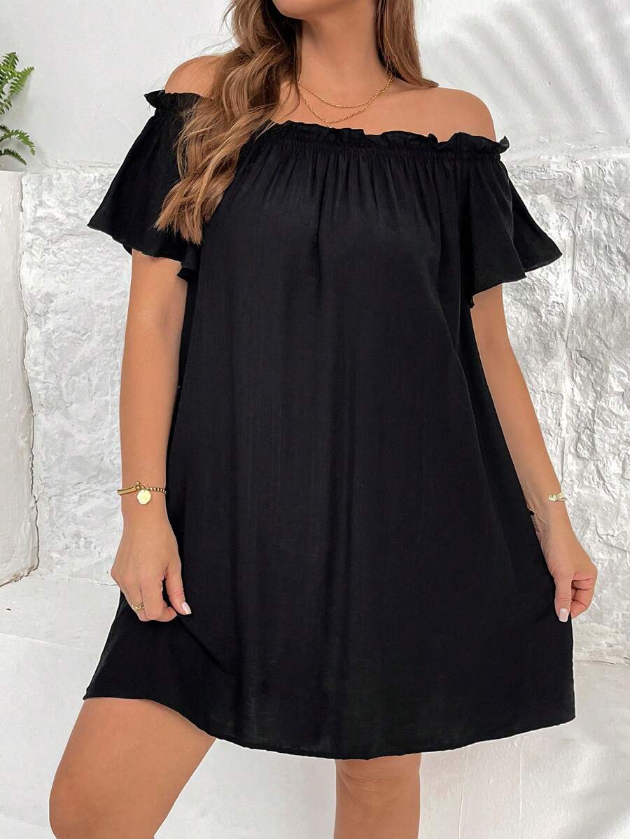 SHEIN Essnce 大码女装春夏时尚休闲宽松舒适凉爽百搭日常单肩露肩黑色短裙、度假装、伊比沙岛、欧洲夏季、茶会礼服、女士沙滩裙、女士早午餐装 - 黑色 - 查看 1