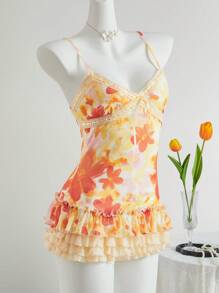 Sweetina Váy mini xếp lớp nơ bèo nhún in hoa - trái cam - Xem 6