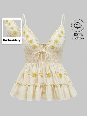 Women's Hippie Embroidered Waist Shirred Spaghetti Strap Cami Top With Ruffled Hem