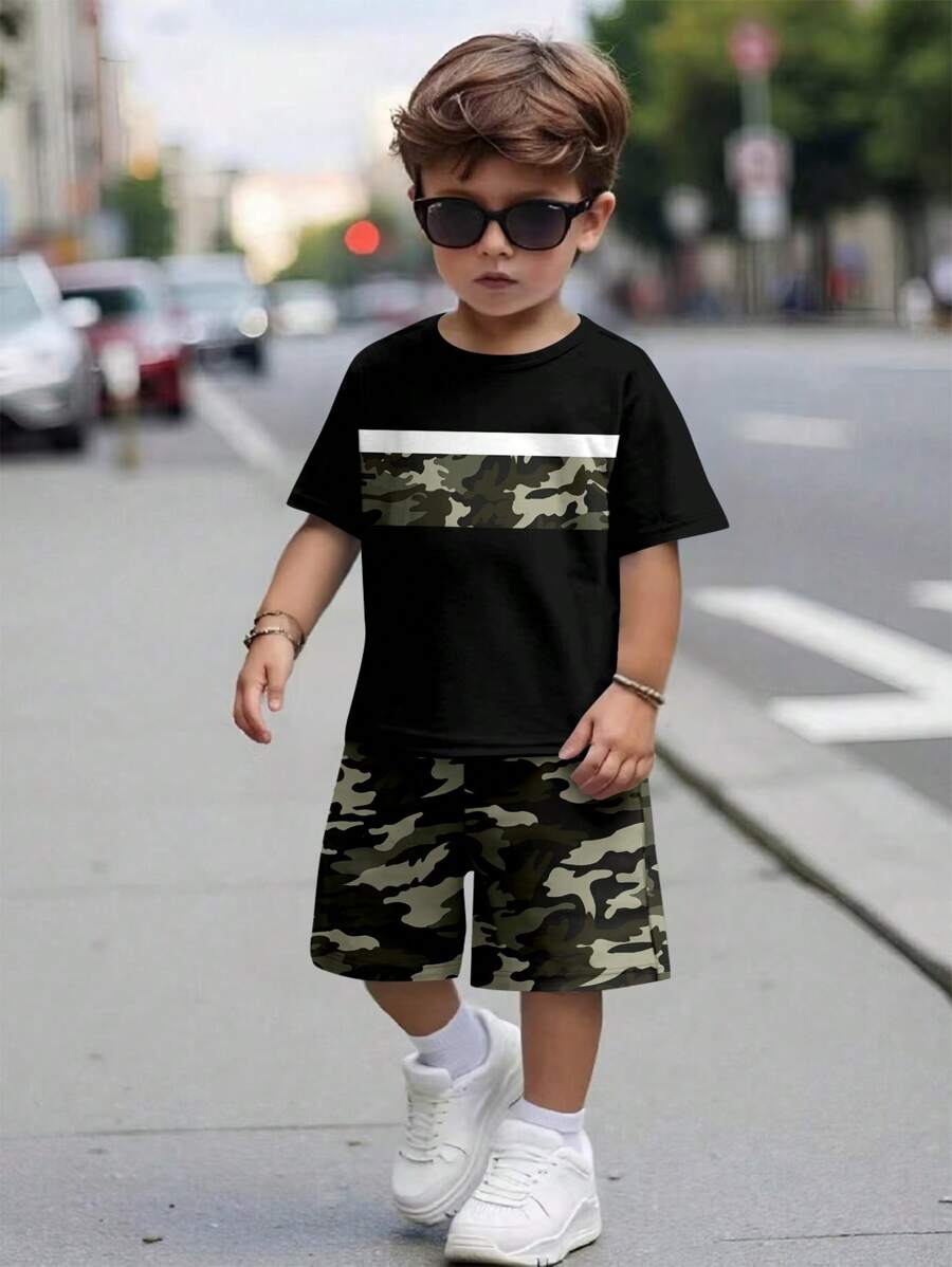 SHEIN Leap Crew 2pcs/Set Boys Casual Camouflage Printed Crew Neck Short Sleeve T-Shirt And Shorts Set, Summer - Multicolor - View 1