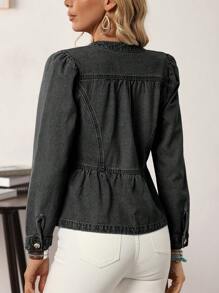 EMERY ROSE Women's Denim Jacket With Ruffle Hem, Single-Breasted, Casual - Black - View 2