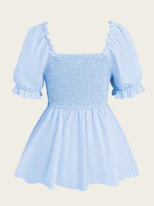 SHEIN MOOSTA 大码女式方领和心形领短袖提花撞色块不对称下摆优雅复古可爱衬衫