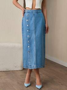 EURMUSE Button Front Denim Skirt - Blue - View 5