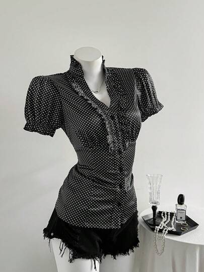 Elamini 女士休闲V领荷叶边短袖波点印花衬衫，适合办公室/通勤，夏季