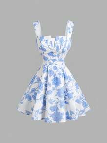 SHEIN MOD Abito elegante con stampa floreale blu e bianco, abbigliamento estivo