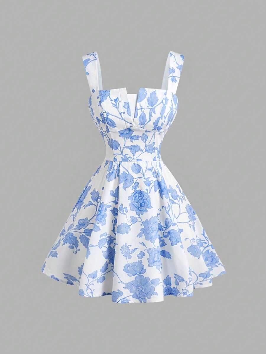 SHEIN MOD Abito elegante con stampa floreale blu e bianco, abbigliamento estivo