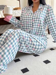 SweetSlumber Plaid Bow Bubble Crinkle Women Pajama Set , Fall Winter Clothes Cozy And Elegant Details - Multicolor - View 4
