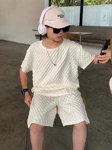 SHEIN 2pcs Tween Boys Casual Short Sleeve Shorts Set, Streetwear Punk Rock Style For School, Outings, Parties, Music Festivals, Suitable For Spring & Summer - Apricot - View 5