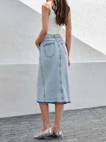 RueChic Button Fly Split Thigh Denim Skirt - Light Wash - View 2