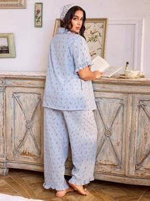 CottageSlumber Plus Size Collared Open Front Ruffled Ditsy Ditsy Floral Pajama Set, Cozy And Elegant Details - Multicolor - View 3