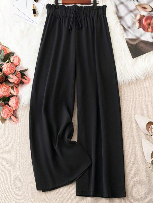 SHEIN PETITE Pantalon décontracté noir grande taille pour femmes, coupe ample avec taille nouée, garniture volantée tissée, pour le printemps/été