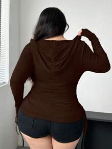 Vibekara Plus Size Side Cinched Waist Hooded Long Sleeve Fitted T-Shirt - Brown - View 2