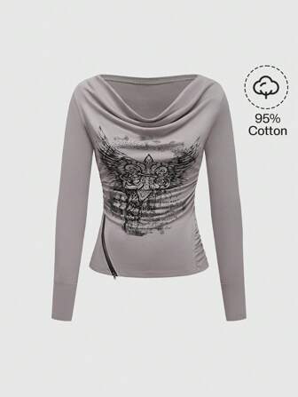 Grunge Punk T-shirt à col bénitier avec imprimé slogan et vignes croisées, style Harajuku Y2K, pour festival rave et printemps