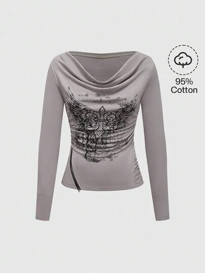 Grunge Punk Spring Break Konzert Frauen Rave Festival Y2K Harajuku Stil Schalkragen Slogan Kreuz Reben Muster T-Shirt