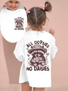 Baby Girl' Casual Cute Raccoon & Letter "CUTE BUT FERAL" Print Short Sleeve T-Shirt, Spring/Summer - White - View 1