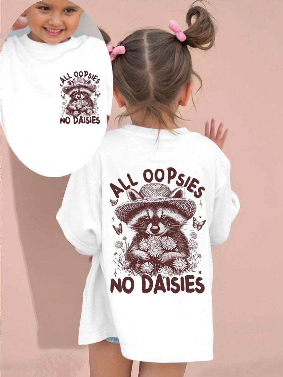 Baby Girl' Casual Cute Raccoon & Letter "CUTE BUT FERAL" Print Short Sleeve T-Shirt, Spring/Summer - White - View 1