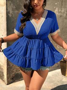 SHEIN Clasi Plus Size V-Neck Lace Patchwork Casual Short Sleeve Shirt - Navy Blue - View 5