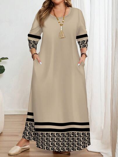 EMERY ROSE 大码女式经典几何印花长袖圆领连衣裙，适合春夏季