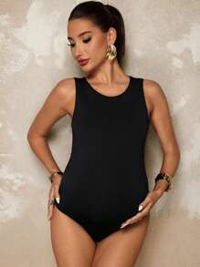 MaterniChic Maternity Solid Color Round Neck Casual Jumpsuit Summer Outfits