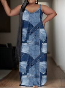 Slaydiva Music Festival Casual Simple Versatile Denim Effect Patchwork Pattern Print Plus Size Dress Suitable For Summer