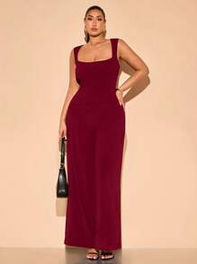 SHEIN BAE Women's Plus Size Black Sleeveless Wide Leg Jumpsuit With Open Button Design, For Spring/Summer Vacation