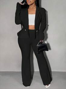 SHEIN SXY Traje de blazer de manga larga con cuello de solapa y pantalones campana de unicolor para mujer de talla grande