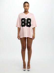 SUMWON WOMEN Oversized Varsity Jersey V Neck Tee Mesh Baller Applique Street Style Fashion Lounge Oversize Fit - Pink - View 3