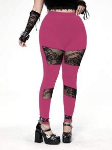 Whyspr Dark Punk Goth Style Versatile Hollow-Out Lace Patchwork Elastic Leggings - Hot Pink - View 4