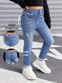 SHEIN Jeans de mezclilla azul vintage rasgados para niña, ropa genial de otoño e invierno para el Día de Acción de Gracias - Azul lavado medio - Ver 7