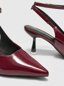 CUCCOO BIZCHIC Women's Fashion Patent Leather Pointed Toe Mule Shoes With Rhinestone Buckle Strap And Slim Mid Heel, Wine Red Color, Suitable For Commuting, Dating, Party, Wedding And Other Occasions - Burgundy - View 7