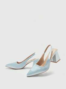 CUCCOO BIZCHIC 时尚浅蓝色缎面尖头粗跟高跟鞋，适合通勤、约会、派对、活动 - 淺藍色 - 查看 9
