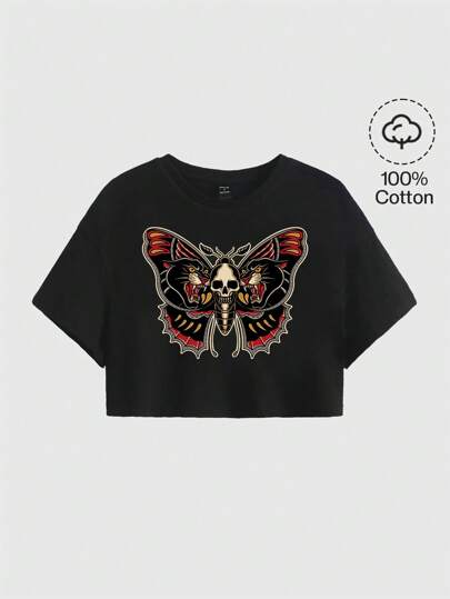 SNAP SUPPLY11 Goth Skull & Butterfly Graphic Loose Fit Short Sleeve Round Neck Women T-Shirt, Suitable For Summer