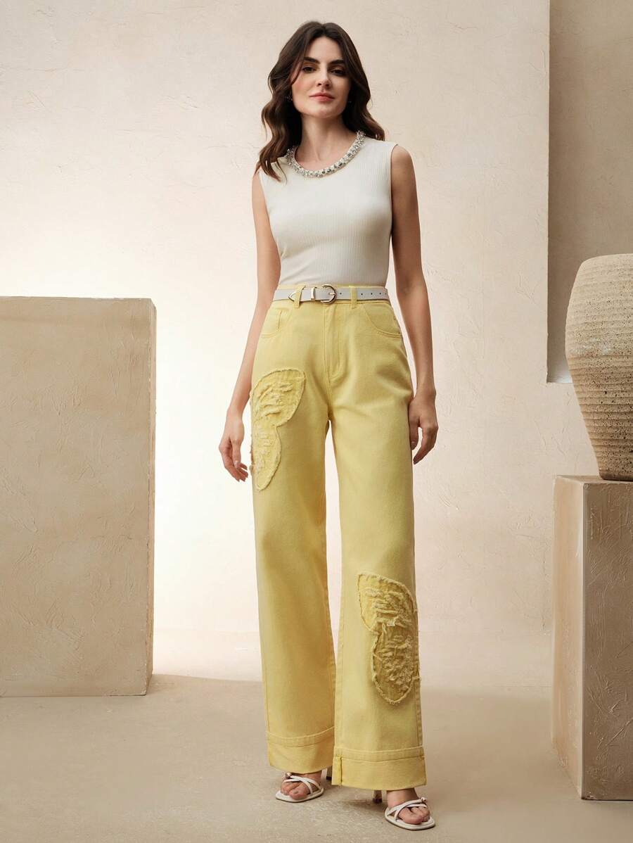 Anewsta Women's Embroidered Straight Leg Jeans, Fashion & Elegant - Yellow - View 1