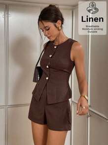 Siren Gaze Women's Brown Linen Two Pieces Set: Sleeveless Round Neck Top And Regular Length Shorts, Perfect For Casual Summer Style In Fall/Winter