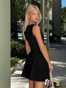 SHEIN EZwear Váy mini không tay nhún eo mùa hè - màu đen - Xem 4