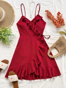 Soleia 夏季假期女士休闲玫瑰红色纹理面料腰带荷叶边饰边裹身结侧 A 字吊带连衣裙 - 紅色 - 查看 3