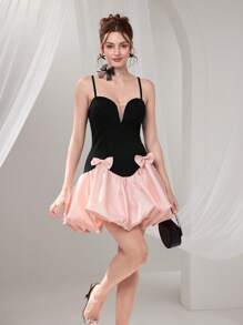 Poshira Vestido de cóctel elegante con bloque de color y decoración de moño para mujer, vestido de graduación, vestido de noche lujoso para mujer, vestido suave para graduación, vestido de fiesta, vestido de graduación