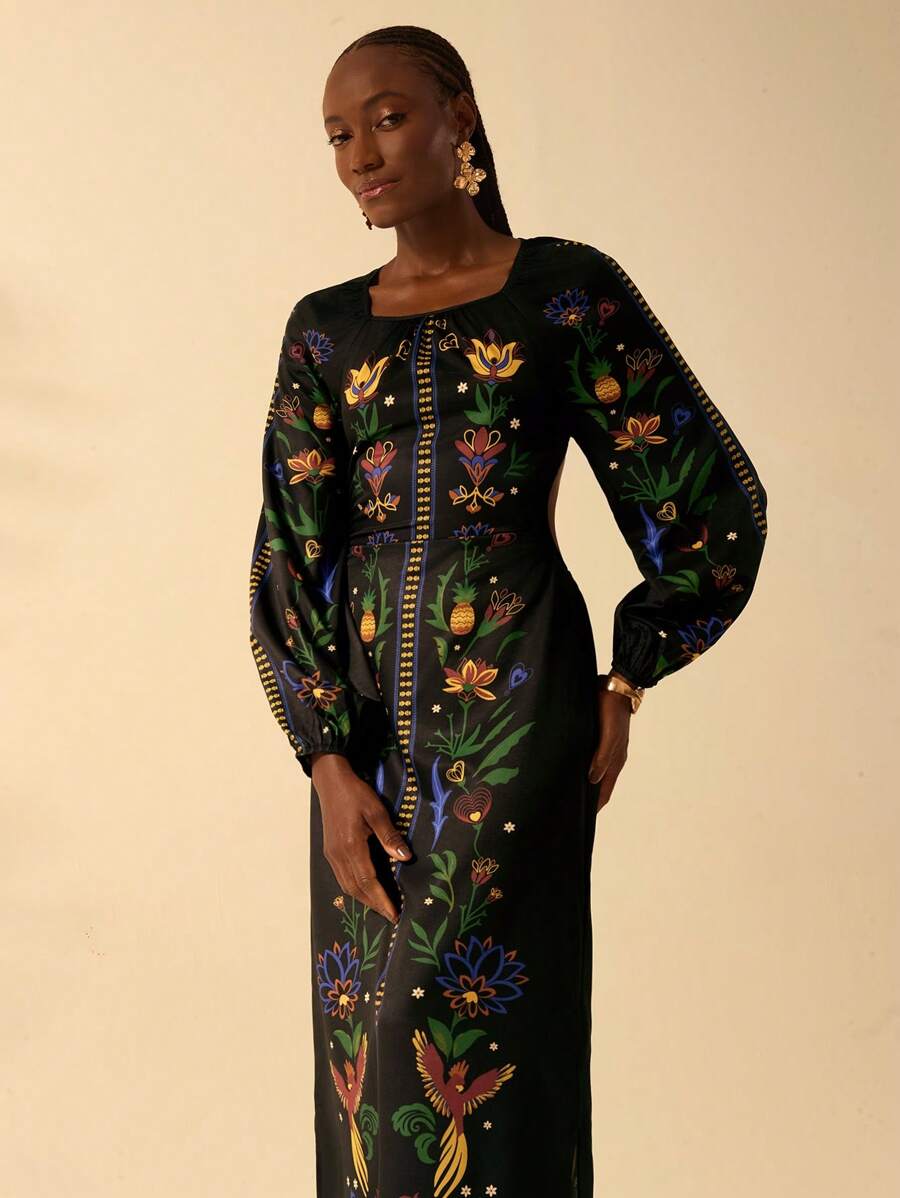 CAJUNI Váy dài tay hở lưng họa tiết vẹt và cây nhiệt đới Boho Holiday dành cho nữ, phong cách ngày lễ