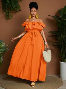 Maweii 大码女式纯色荷叶边露肩优雅度假连衣裙 - 亮橙色 - 查看 1