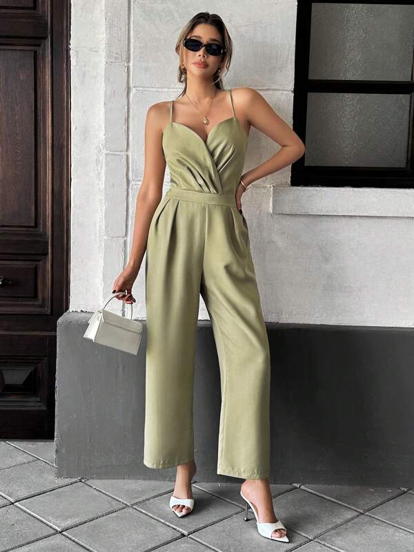 Pariaura Damen einfarbiger plissierter Lässig Jumpsuit, Sommer