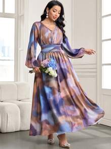 Modelyn 女士 V 领优雅浪漫收腰 A 字型扎染中长连衣裙 - 彩色 - 查看 7