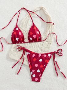 Swim Mod Lovely Versatile Heart Print Rib Knit One Piece Swimwear And Front Tie Triangle Swim Bottom, 2 Pieces Swimwear Set - Multicolor - View 5