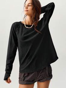 Bohemela Camiseta de manga larga de punto holgada de cuello redondo de color liso para mujer