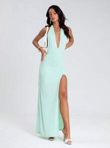 Glamine 吊带露背高开叉修身连衣裙新年服装长款女装 - 綠色 - 查看 3