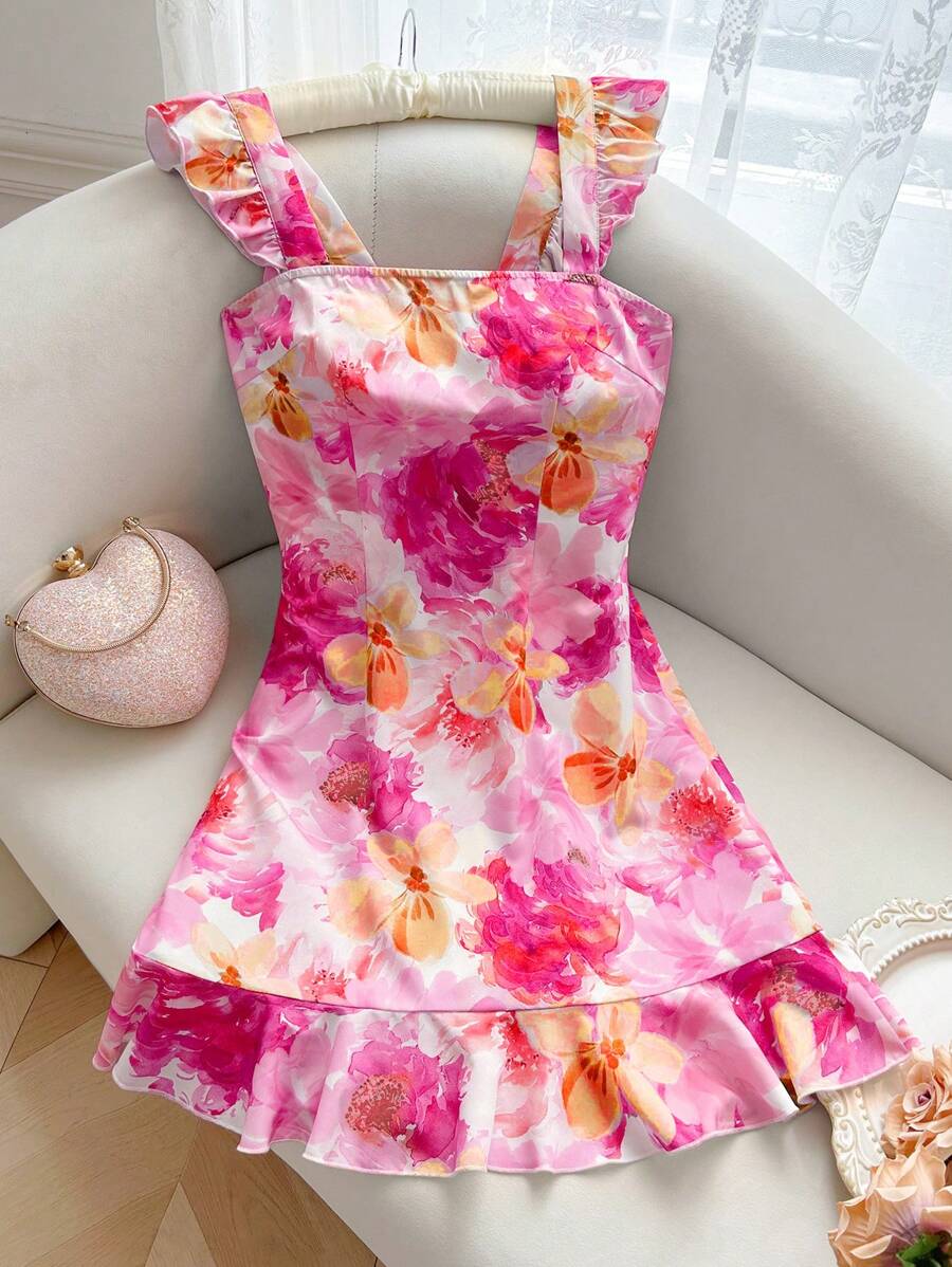 SHEIN VCAY Váy mini xếp nếp in hoa cho nữ, đi nghỉ - Màu Hồng Tươi - Xem 1