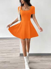 SHEIN EZwear 橘色針織女款休閒運動輕量瑜伽短洋裝，適合秋季網球運動 - 橘色 - 查看 5