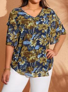 EMERY ROSE 大码女式花卉印花V领短袖休闲衬衫