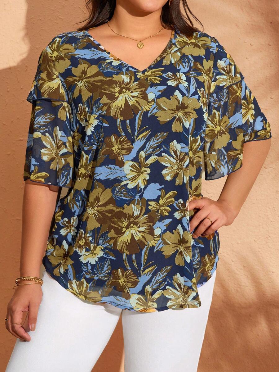 EMERY ROSE 大码女式花卉印花V领短袖休闲衬衫