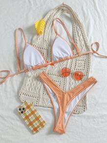 Swim Mod Summer Women Random Plaid Spaghetti Strap Cute Bow Accent 2pcs Bikini Set - Orange - View 2
